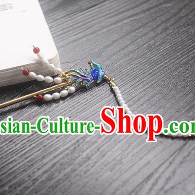 Chinese Classical Cloisonne Phoenix Hair Clip Hair Accessories Handmade Ancient Hanfu Pearls Tassel Hairpin for Women