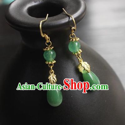 Handmade Chinese Women Green Jade Ear Accessories Classical Hanfu Eardrop Earrings