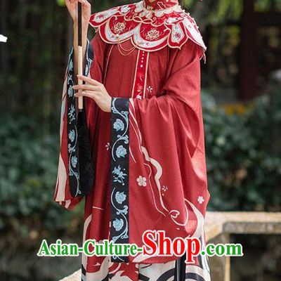 Chinese Ming Dynasty Royal Countess Historical Costumes Traditional Hanfu Apparels Ancient Noble Woman Red Gown and Skirt Full Set