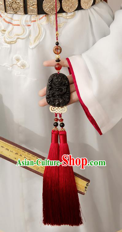 Chinese Classical Black Jade Waist Accessories Ancient Swordsman Hanfu Tassel Belt Pendant