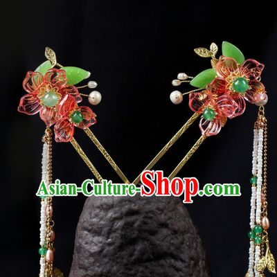 Chinese Classical Red Flowers Hair Clip Hair Accessories Handmade Ancient Court Lady Hanfu Tassel Hairpins for Women