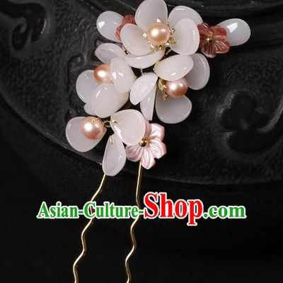 Chinese Classical Pearls Hair Clip Hair Accessories Handmade Ancient Court Lady Hanfu White Flowers Hairpins for Women