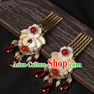 Chinese Classical Shell Flower Hair Comb Hair Accessories Handmade Ancient Court Lady Hanfu Pearls Hairpins for Women