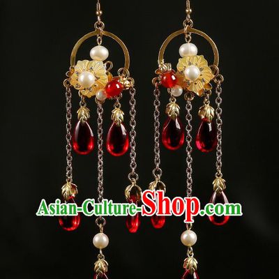 Handmade Chinese Court Women Red Beads Tassel Ear Accessories Classical Eardrop Hanfu Shell Flower Earrings
