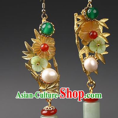 Handmade Chinese Song Dynasty Court Women Ear Accessories Classical Eardrop Ancient Hanfu Jade Earrings
