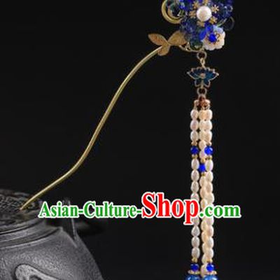 Chinese Classical Qing Dynasty Blue Flower Hair Clip Hanfu Hair Accessories Handmade Ancient Princess Pearls Tassel Hairpins for Women