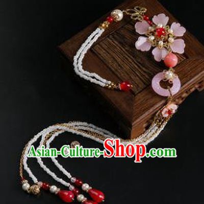 Chinese Classical Pink Flowers Jade Carving Waist Accessories Ancient Princess Hanfu Beads Tassel Belt Pendant