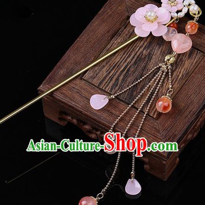 Chinese Classical Pink Flower Hair Clip Hanfu Hair Accessories Handmade Ancient Princess Tassel Hairpins for Women