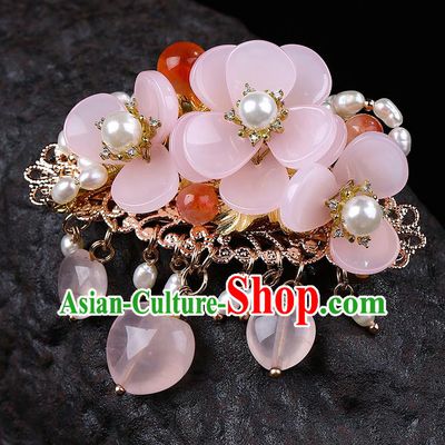 Chinese Classical Pink Flower Hair Claw Hanfu Hair Accessories Handmade Ancient Princess Pearls Hairpins for Women