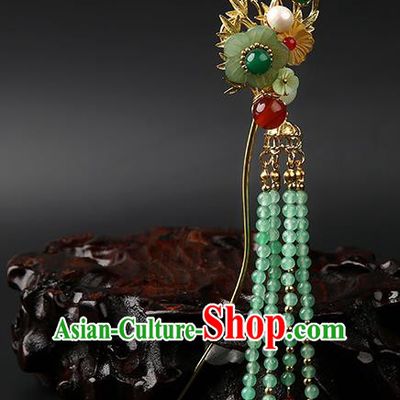 Chinese Classical Green Beads Tassel Hair Clip Hanfu Hair Accessories Handmade Ancient Princess Plum Blossom Hairpins for Women