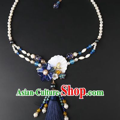 Chinese Handmade Navy Tassel Necklet Classical Jewelry Accessories Ancient Hanfu Pearls Necklace for Women