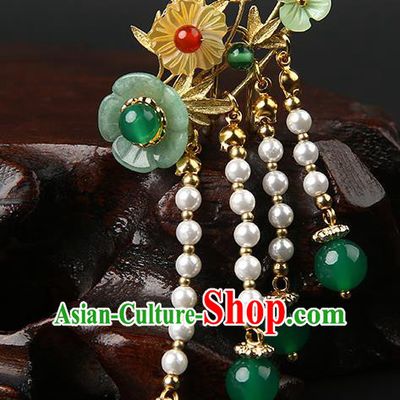 Chinese Classical Golden Bamboo Hair Claw Hanfu Hair Accessories Handmade Ancient Princess Green Plum Hair Stick Hairpins for Women