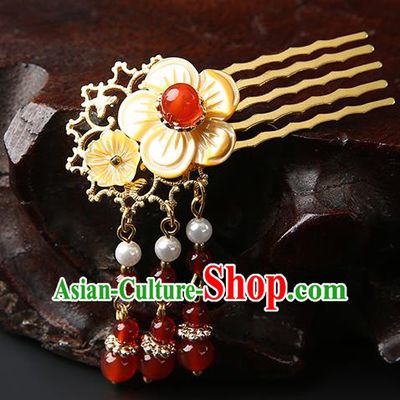 Chinese Classical Red Beads Tassel Hair Combs Pendant Hanfu Hair Accessories Handmade Ancient Princess Shell Hairpins for Women