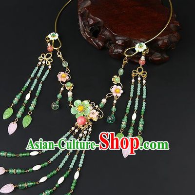 Chinese Handmade Ming Dynasty Green Beads Necklet Classical Jewelry Accessories Ancient Hanfu Tassel Necklace for Women