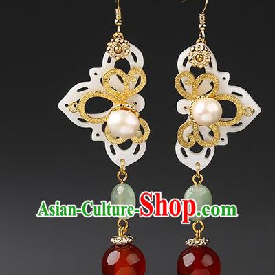 Handmade Chinese Shell Ear Accessories Classical Eardrop Ancient Women Hanfu Jade Bead Earrings