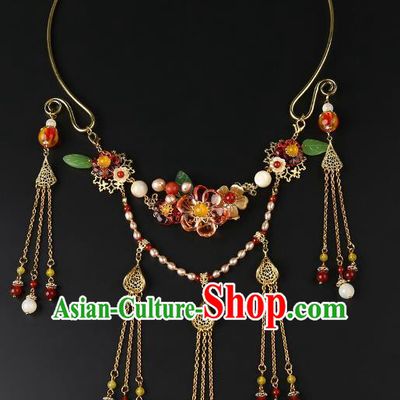 Chinese Handmade Ming Dynasty Golden Tassel Necklet Classical Jewelry Accessories Ancient Hanfu Flowers Necklace for Women
