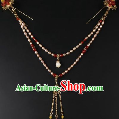 Chinese Classical Pearls Eyebrows Pendant Hanfu Hair Accessories Handmade Ancient Princess Golden Tassel Hair Clasp for Women