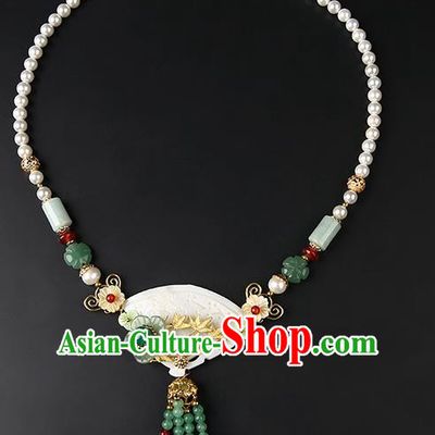 Chinese Handmade Song Dynasty Shell Necklet Classical Jewelry Accessories Ancient Hanfu Jade Tassel Necklace for Women