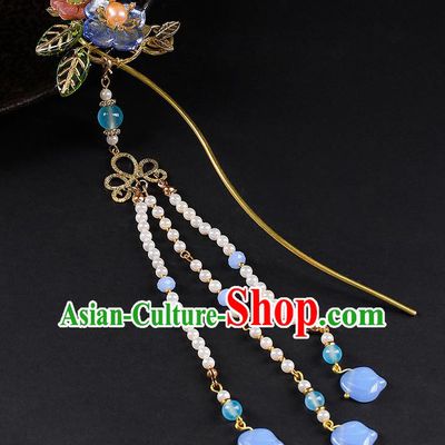 Chinese Classical Beads Tassel Hair Clip Hanfu Hair Accessories Handmade Ancient Princess Blue Plum Hairpins for Women