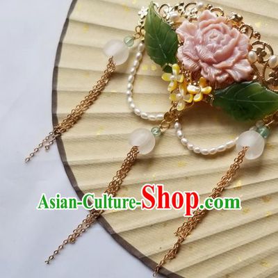 Chinese Classical Pink Peony Hair Claw Hanfu Hair Accessories Handmade Ancient Qing Dynasty Princess Tassel Hairpins for Women