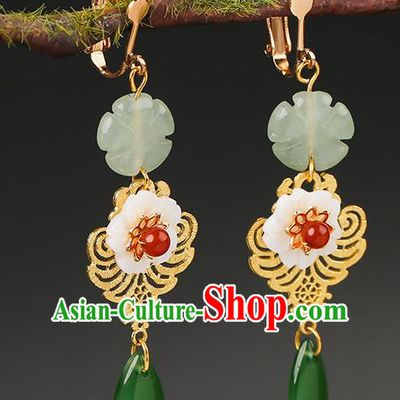 Handmade Chinese Jade Ear Accessories Classical Eardrop Ancient Women Hanfu Golden Earrings
