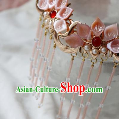 Chinese Classical Pink Shell Lotus Hair Clip Hanfu Hair Accessories Handmade Ancient Princess Tassel Hairpins for Women