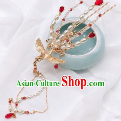 Chinese Classical Court Pearls Tassel Hair Clip Women Hanfu Hair Accessories Handmade Ancient Empress Red Crystal Phoenix Hairpins