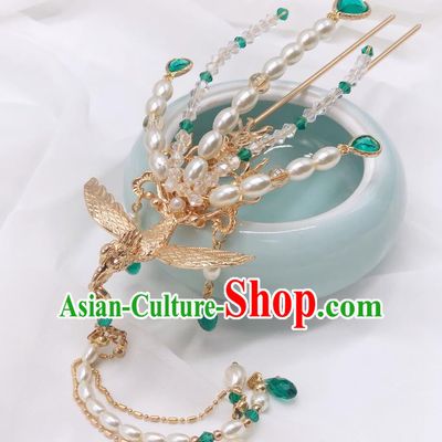 Chinese Classical Court Pearls Tassel Hair Clip Women Hanfu Hair Accessories Handmade Ancient Empress Green Crystal Phoenix Hairpins