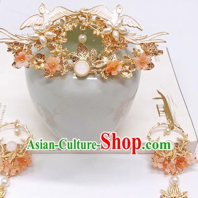 Chinese Classical Birds Hair Crown Women Hanfu Hair Accessories Handmade Ancient Princess Golden Hairpins
