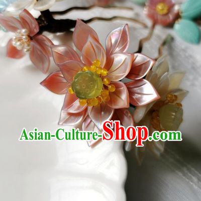 Chinese Classical Pink Lotus Hair Clip Hanfu Hair Accessories Handmade Ancient Princess Shell Flower Hairpins for Women