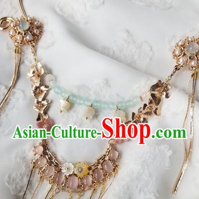 Chinese Handmade Ming Dynasty Pink Chalcedony Necklet Classical Jewelry Accessories Ancient Hanfu Golden Tassel Necklace for Women