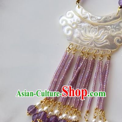 Chinese Handmade Shell Carving Lotus Necklet Classical Jewelry Accessories Ancient Hanfu Purple Beads Tassel Necklace for Women