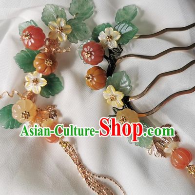 Chinese Classical Pumpkin Tassel Hair Comb Hanfu Hair Accessories Handmade Ancient Song Dynasty Princess Jade Hairpins for Women