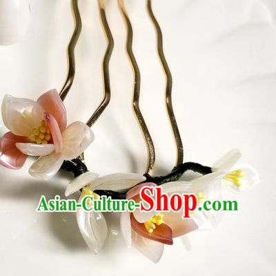 Chinese Classical Pink Magnolia Hair Comb Hanfu Hair Accessories Handmade Ancient Song Dynasty Empress Shell Hairpins for Women