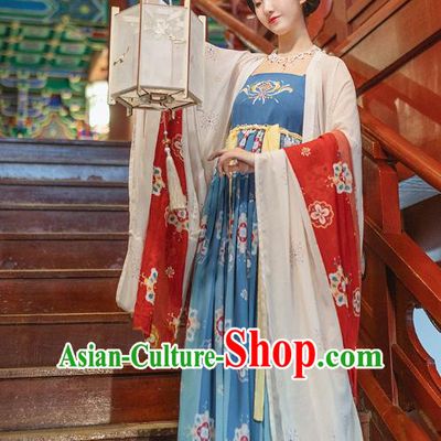 Chinese Ancient Imperial Concubine White Cloak and Blue Dress Traditional Tang Dynasty Historical Costumes Court Woman Hanfu Apparels