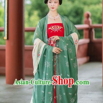 Chinese Ancient Tang Dynasty Imperial Concubine Green Cloak and Red Dress Traditional Court Woman Hanfu Apparels Historical Costumes