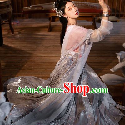 Chinese Tang Dynasty Historical Costumes Traditional Hanfu Apparels Ancient Goddess Embroidered Half Sleeved Garment Blouse and Skirt Full Set