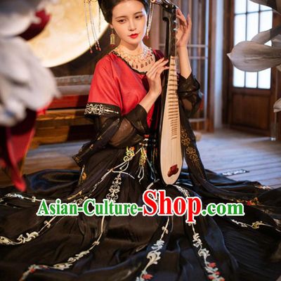 Chinese Ancient Tang Dynasty Dunhuang Apsaras Dance Costumes Traditional Embroidered Red Half Sleeved Garment Blouse and Skirt Hanfu Apparels