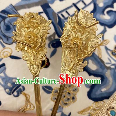 Chinese Classical Court Golden Hair Clips Women Hanfu Hair Accessories Handmade Ancient Tang Dynasty Empress Flowers Hairpins