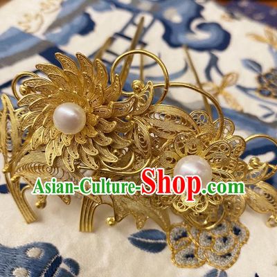 Chinese Classical Court Flower Hair Clips Women Hanfu Hair Accessories Handmade Ancient Tang Dynasty Empress Golden Hairpins