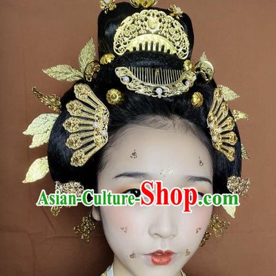 Chinese Classical Court Queen Golden Hair Combs Women Hanfu Hair Accessories Handmade Ancient Tang Dynasty Princess Hairpins Full Set
