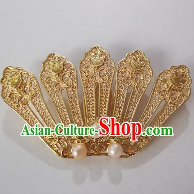 Chinese Classical Court Queen Golden Hair Comb Women Hanfu Hair Accessories Handmade Ancient Tang Dynasty Imperial Concubine Pearls Hairpins