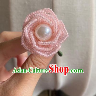 Chinese Classical Court Pink Beads Rose Hair Clip Women Hanfu Hair Accessories Handmade Ancient Qing Dynasty Princess Hairpins