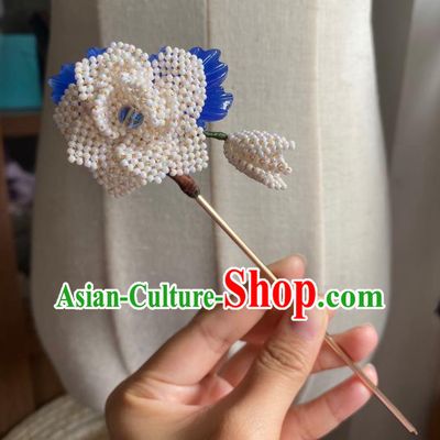 Chinese Classical Court Beads Hair Clip Women Hanfu Hair Accessories Handmade Ancient Qing Dynasty Princess White Flower Hairpins