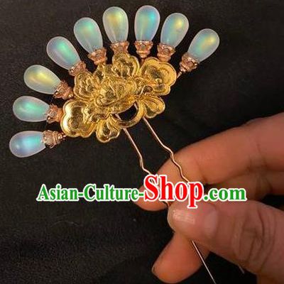 Chinese Classical Moonstone Hair Clip Women Hanfu Hair Accessories Handmade Ancient Tang Dynasty Court Golden Hairpins