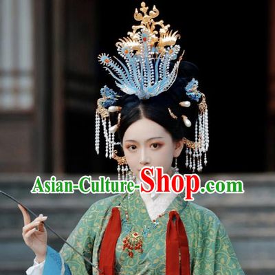 Chinese Classical Ancient Queen Phoenix Hair Crown Women Hanfu Hair Accessories Handmade Song Dynasty Empress Hairpins Complete Set