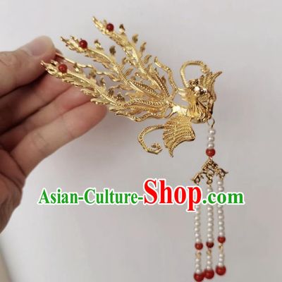 Chinese Classical Ancient Empress Golden Phoenix Hairpins Women Hanfu Hair Accessories Handmade Ming Dynasty Court Tassel Hair Clip