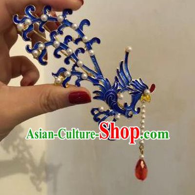 Chinese Classical Ancient Ming Dynasty Empress Phoenix Hairpins Women Hanfu Hair Accessories Handmade Blueing Tassel Hair Clip
