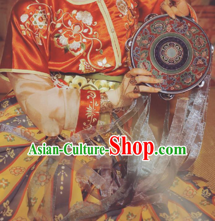 Chinese Classical Dance Drum Ancient Tang Dynasty Tabour Blue Ribbon Bells Tambourine Chinese Classical Dance Drum Ancient Tang Dynasty Tabour Blue Ribbon Bells Tambourine