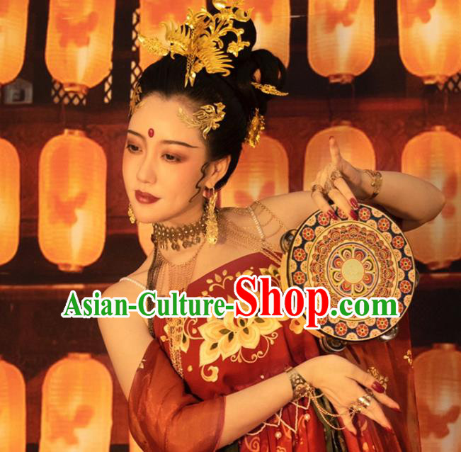 Chinese Classical Dance Drum Ancient Tang Dynasty Tabour Blue Ribbon Bells Tambourine Chinese Classical Dance Drum Ancient Tang Dynasty Tabour Blue Ribbon Bells Tambourine